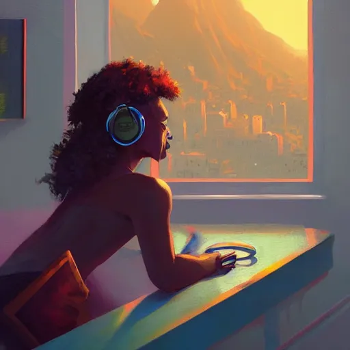 Prompt: lo-fi colorful masterpiece by Greg Rutkowski, WLOP, Dan Mumford, Christophe Vacher, painting, black girl, curly hair, with headphones, studyng in bedroom, window with rio de janeiro view, lo-fi illustration style, by WLOP, by loish, by apofis, alive colors