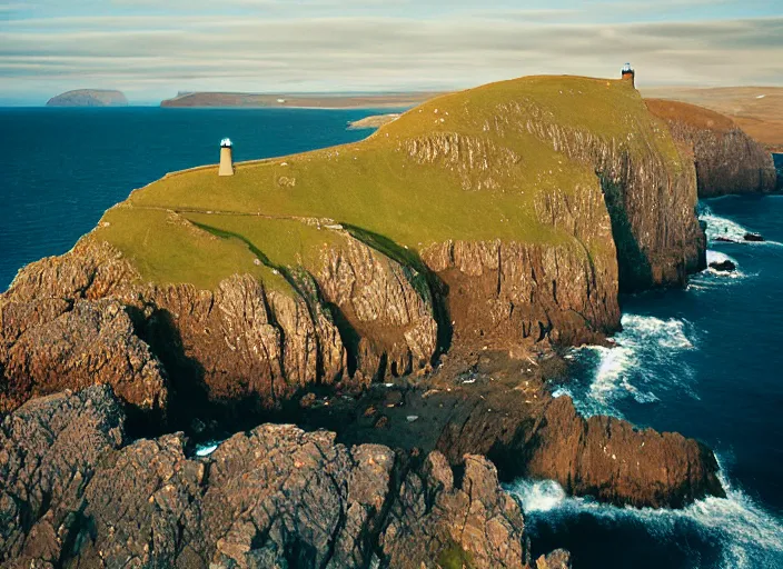 Image similar to a landscape photo of neist point lighthouse isle of skye, aerial far wide shot with 4 0 0 m lens, strong kodak portra film look