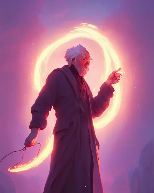 Image similar to highly detailed vfx portrait of an old mage casting a light spell, unreal engine, greg rutkowski, loish, rhads, beeple, makoto shinkai and lois van baarle, ilya kuvshinov, rossdraws, tom bagshaw, alphonse mucha, global illumination, detailed and intricate environment