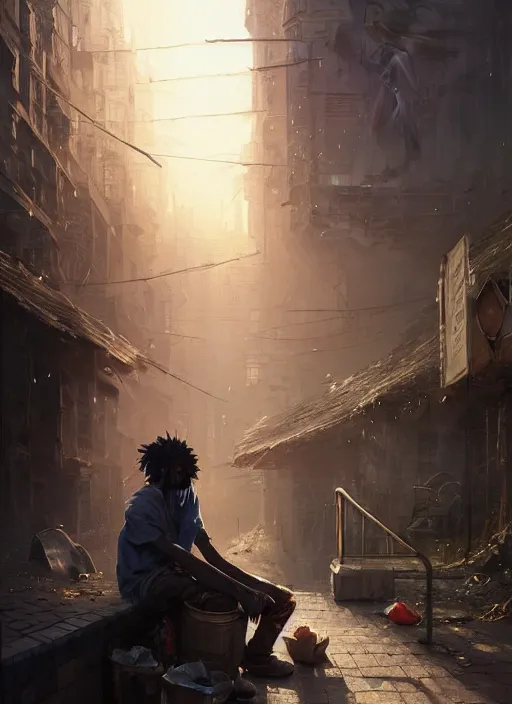 Image similar to Highly detailed portrait of homeless and beaten up Marques Brownlee, Stephen Bliss, unreal engine, fantasy art by Greg Rutkowski, Loish, Rhads, ferdinand knab, Makoto Shinkai and Lois van baarle, ilya kuvshinov, rossdraws, Tom Bagshaw, global illumination, radiant light, detailed and intricate environment