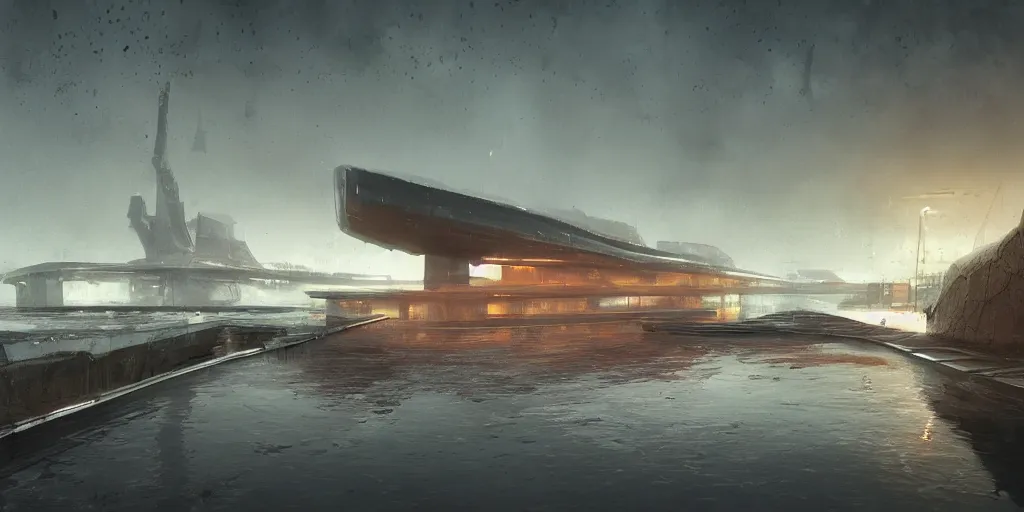 Image similar to render of huge futuristic submarine, by Ian McQue, Rutkowski, lee madgwick and hubert robert, concrete building by le corbusier on the background, puddles of water, trees and bushes, dune style, neon glow, vivid color, moody lighting, unreal engine, bright sunrise, epic skies, foggy