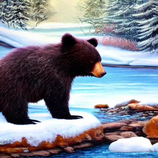 Prompt: cute fluffy baby bear cub sitting in snowy winter river landscape catching salmon, salmon in mouth, detailed painting 4k