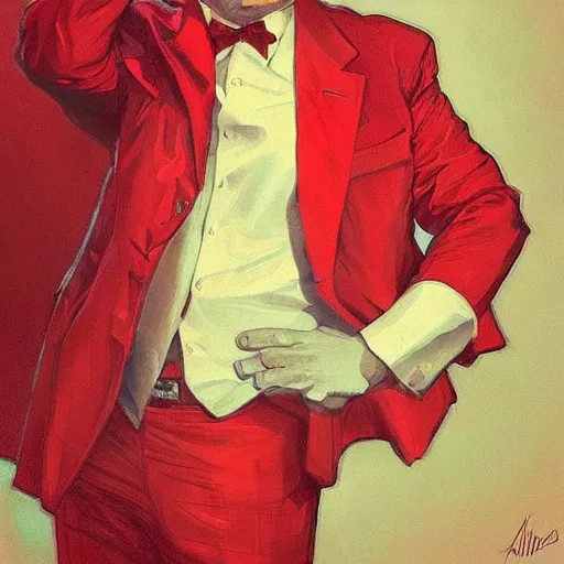 Image similar to donald trump as a communist, saluting, red suit, art by artgerm, greg rutkowski, alphonse mucha, studio portrait, highly detailed, digital art, elegant, intricate, concept art, trending on artstation