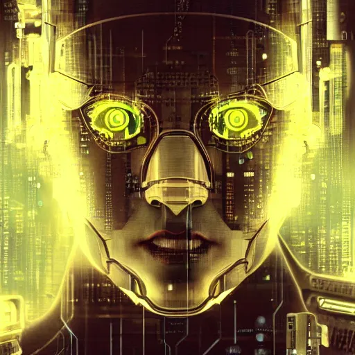 Prompt: a face covered in computer circuits, scifi, bladerunner, cyberpunk, heavy ink, yellow, very detailed eyes, 8 k resolution, by wlop, greg rutkowski