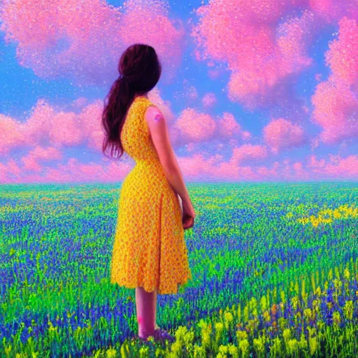 Image similar to large flower head, girl standing in a flower field, surreal photography, sunrise dramatic light, impressionist painting, colorful clouds, digital painting, pointillism, artstation, simon stalenhag