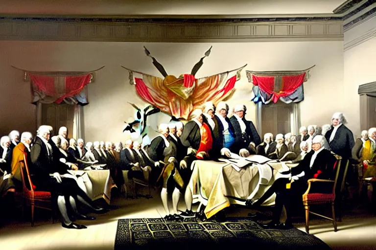 Prompt: john trumbull's famous painting of the signing of the declaration of independence. at least half of the men are clearly vampires, taller and with black hair and black and red capes.