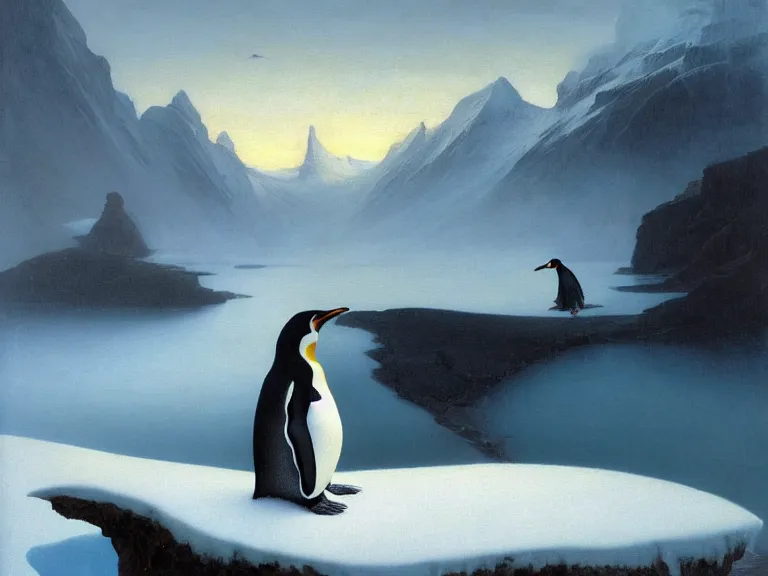 Image similar to an oil painting of a penguin and a misty glacier at dawn. by tuomas korpi moebius and carl spitzweg. baroque elements. intricate artwork by caravaggio. oil painting. oil on canvas. award winning. dramatic. trending on artstation. 8 k