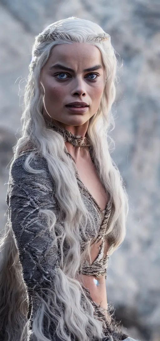 Image similar to Margot Robbie as Daenerys Targaryen, XF IQ4, 150MP, 50mm, F1.4, ISO 200, 1/160s, natural light
