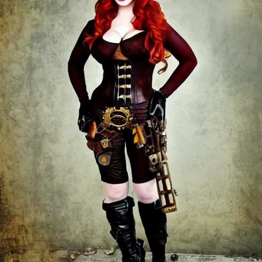 Prompt: full body photo of christina hendricks a steampunk warrior