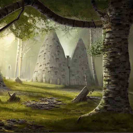 Prompt: a big brick castle in a birch tree forest, matte oil painting, barrows, fantasy, concept art, clear, crisp, sharp, extremely detailed, wallpaper