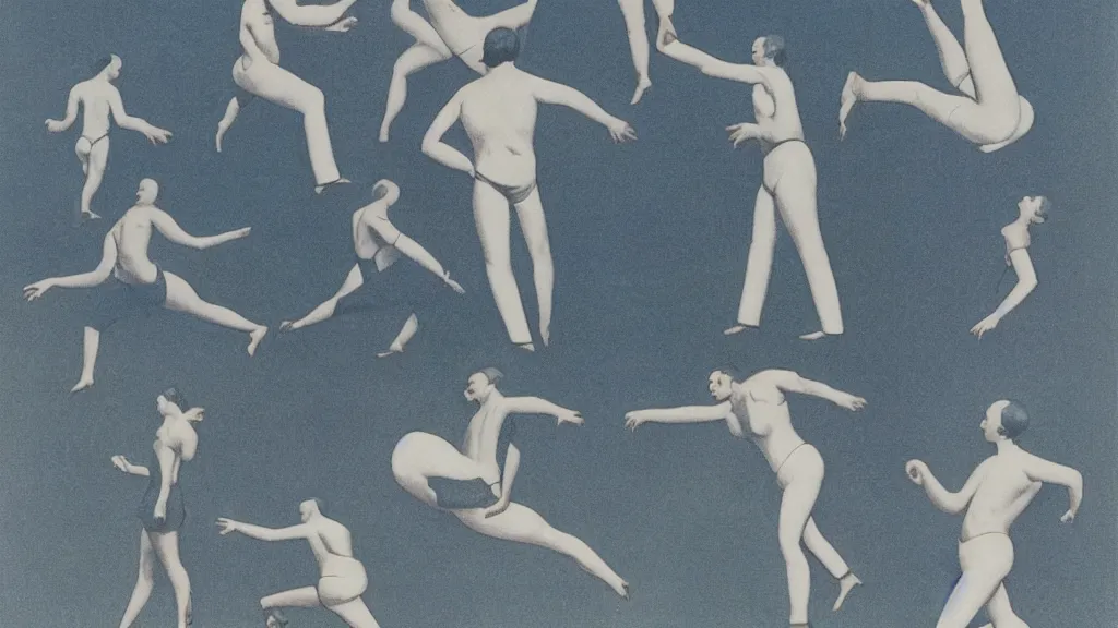 Image similar to A vintage scientific illustration from the 1970s of a choreography for people who can walk on water by René Magritte