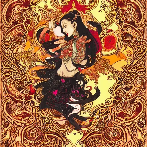 Image similar to jisoo + blackpink + elements + red + gold + neon + baroque + rococo + white + orange + ink + tarot card, ornate + by marc simonetti, paul pope, peter mohrbacher, detailed, intricate ink illustration + damask + award winning + 8 k