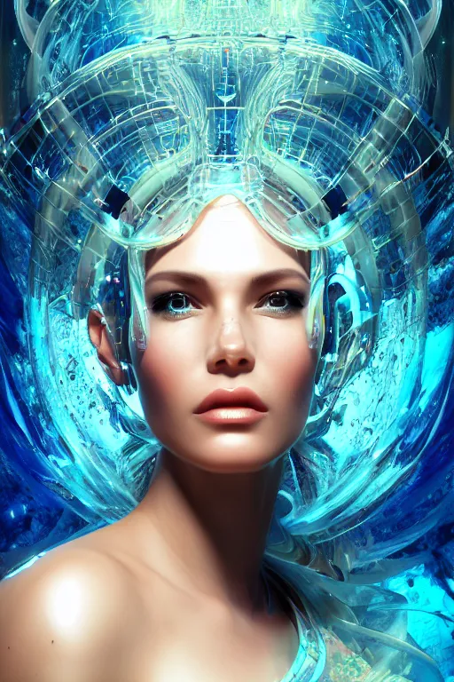 Image similar to a profile photo real render of an alluring futuristic goddess with digital modifications surrounded by a underwater ink pour and flowing liquid gallium and complex sacred geometry, perfect body and face, powerful, cinematic, beautifully lit, by artgerm, by karol bak, 3 d, trending on artstation, octane render, 8 k