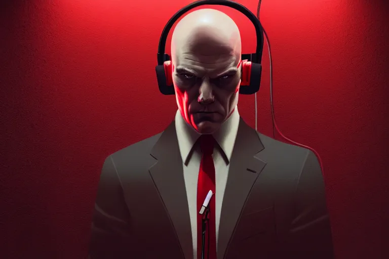 Image similar to an expressive portrait of agent 4 7 from hitman wearing headphones standing in front of a wall of vinyl records, speakers and cables, dark background, red rim light, digital art, artstation, concept art by giger stalenhag