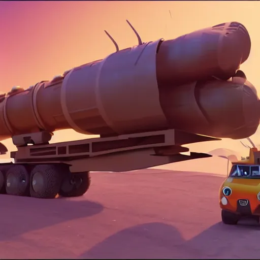 Image similar to HIMARS multiple rocket launcher system stylized caricature in Big Hero 6 (2014), animated cinematography 3D CGI movie