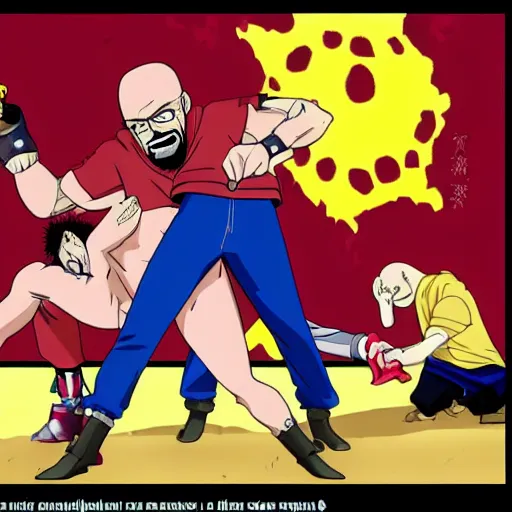 Prompt: Jessie pinkman wrestling walter white breaking bad in one piece anime style