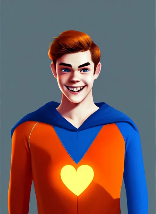 Image similar to friendly teenage archie andrews wearing an orange superhero costume with heart logo, heart, freckles, blue cape, heart emblem on chest, blue cape, intricate, elegant, glowing lights, highly detailed, digital painting, artstation, sharp focus, illustration, art by wlop, mars ravelo and greg rutkowski