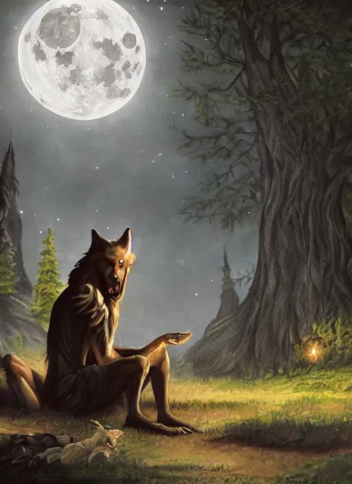 Image similar to a painting of a werewolf at night sitting next to a human child in front of full moon, fantasy art, matte painting