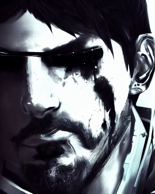 Image similar to portrait of adam jensen, cyberpunk, artstation trending, deviantart, highly detailed, focus, smooth, by hirohiko araki, yoshitaka amano