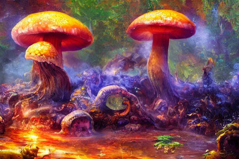 Image similar to highly detailed oil painting of a mushroom tyrannosaurus rex in a steaming colorful hotspring, featured on artstation