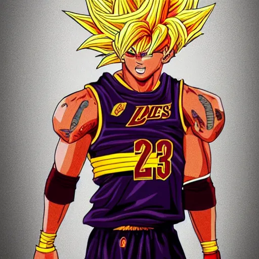 Prompt: Lebron James Lebron James Lebron James Lebron James Lebron James cosplay as Super saiyan Goku, detailed digital art, colourful masterpiece beautiful beautiful beautiful