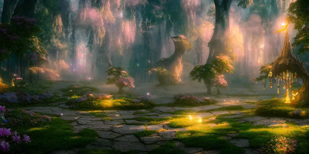 Prompt: in an ethereal magical fairy city, highly detailed, 8 k, hdr, award - winning, octane render, artstation, volumetric lighting, anime wallpaper