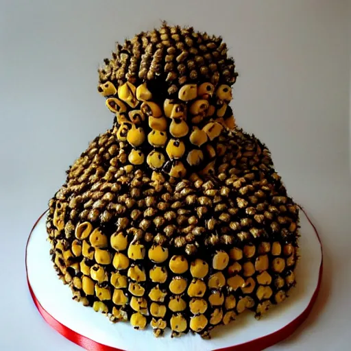 Prompt: a birthday cake made of bees