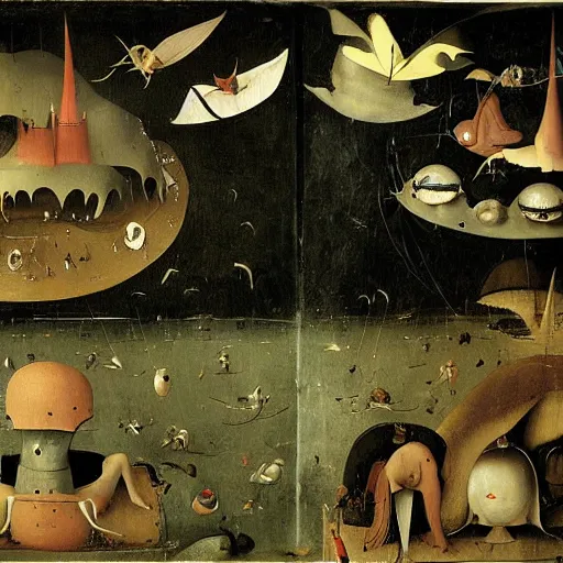 Image similar to absolute void filled with fish people flying and eating frogs, by hieronymus bosch