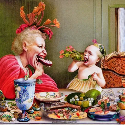 Prompt: hyper realistic hight detailed grandmother with a big mouth eating a baby on the table in the russian kitchen, style by ernst haeckel, bright colors
