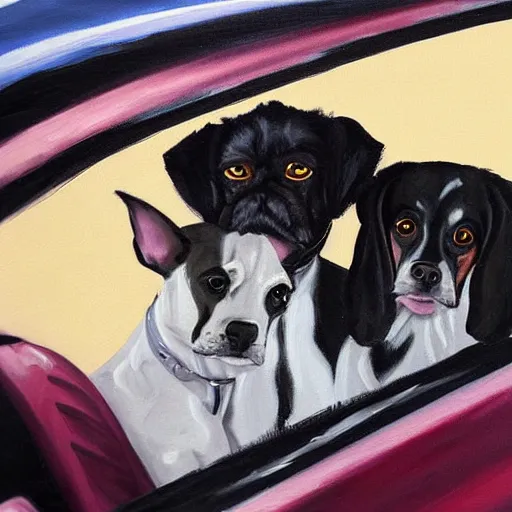 Prompt: “a painting by ducio of a three dogs in a car, highly detailed, trending on art station, 4k”