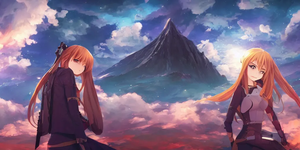 Image similar to isekai masterpiece by mandy jurgens, irina french, rachel walpole, ross tran, illya kuvshinov, deeznutz, and alyn spiller of an anime woman standing in a puddle looking up at serpent viper mountain, nebula night, cinematic, very warm colors, intense shadows, ominous clouds, anime illustration, anime screenshot composite background