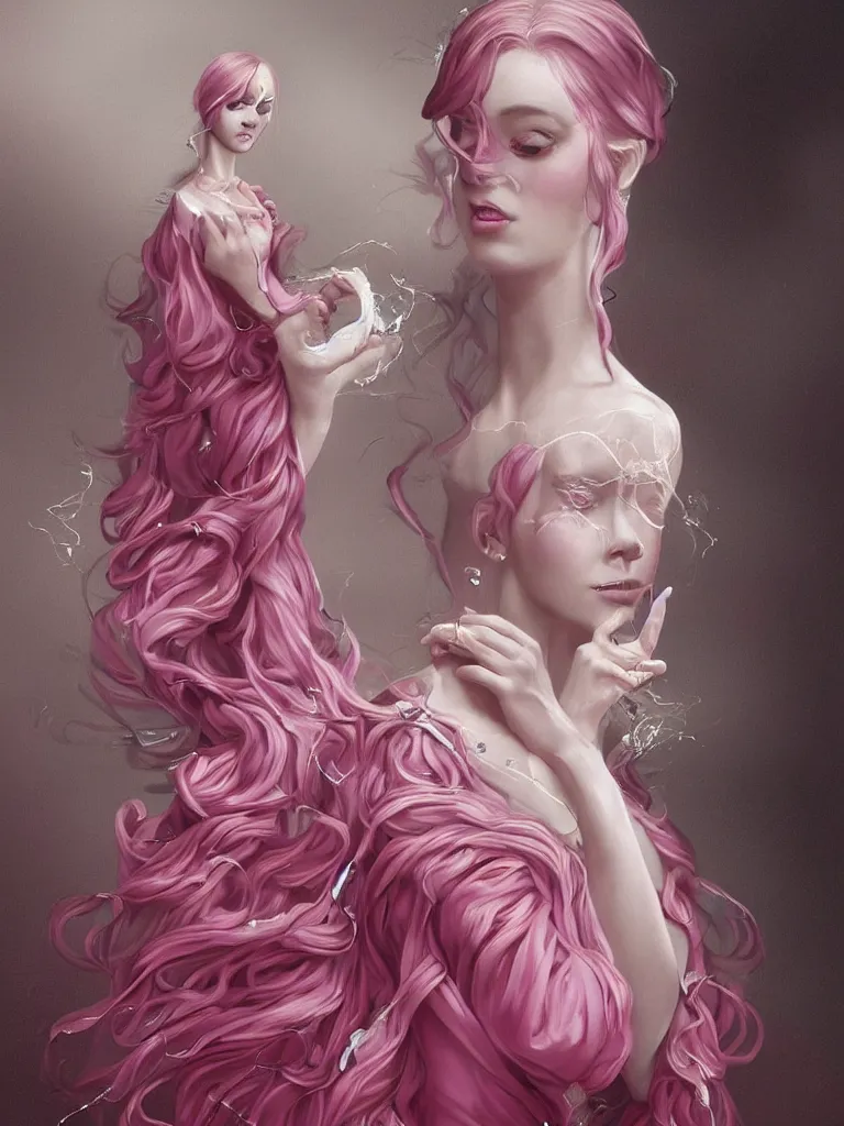 Prompt: a beautiful years old chatain hair woman in a pink - red long dress with silver rings and pink nails \ she makes levitate precious transparent bottle filled with ivory white liquid and a black sticker on it. fantasy, intricate, elegant, highly detailed, digital painting, artstation, concept art, matte, illustration, artgerm and roberto ferri