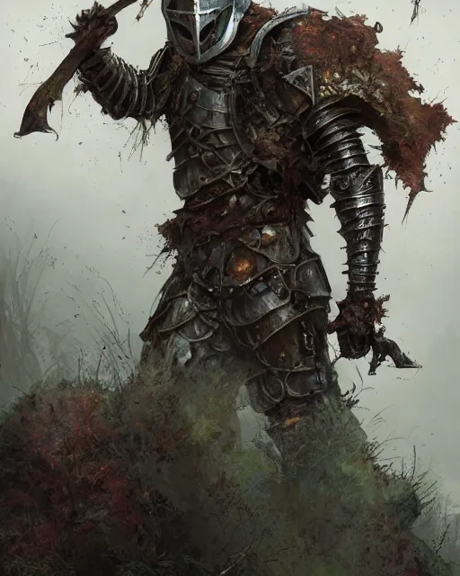 Image similar to An undead medieval knight wearing rusted armor covered in moss, by Stanley Artgerm Lau, WLOP, Rossdraws, James Jean, Andrei Riabovitchev, Marc Simonetti, and Sakimichan, tranding on artstation