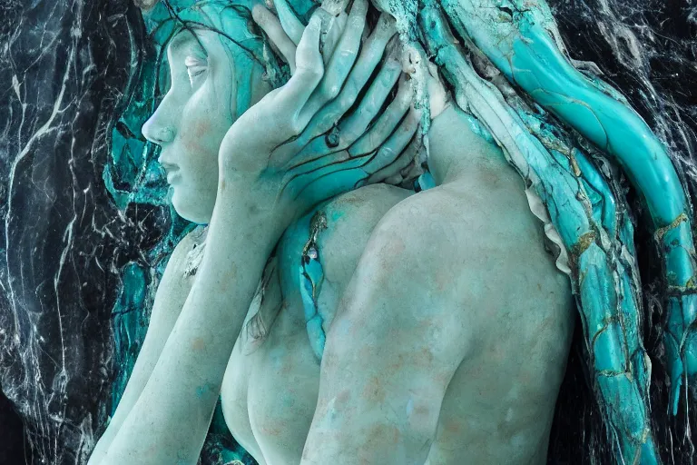 Prompt: a sculpture of a beautiful woman with flowing tears, turquoise fractal flowers on the skin, intricate, a marble sculpture by nicola samori, behance, neo - expressionism, marble sculpture, made of mist, still frame from the prometheus movie by ridley scott with cinematogrophy of christopher doyle, arri alexa, 8 k