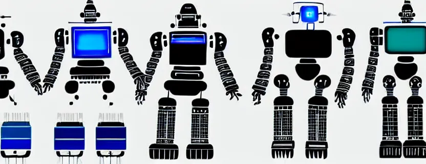 Image similar to an evolution diagram from left to right of robots, 8 k, hyper realistic. the left side robots are shorter, led lights, dancing