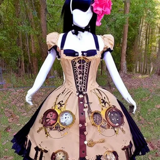 Image similar to A mechanical-steampunk themed lolita outfit ; the fabric has pictures of galaxies moons and stars on it. A beautiful lolita dress, Angelic Pretty!dream a steampunk themed lolita outfit ; the fabric has pictures of gears and bolts on it. A beautiful lolita dress, Angelic Pretty