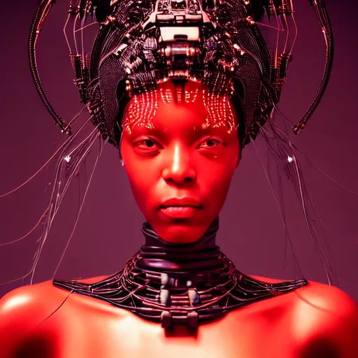 Image similar to portrait of an absurdly beautiful, graceful, sophisticated, fashionable black cyberpunk mechanoid gravure idol, hyperdetailed illustration by irakli nadar, adut akech, matt wisniewski style, intricate linework, dark black skin, box jellyfish headdress, unreal engine 5 highly rendered, global illumination, red light, detailed and intricate environment