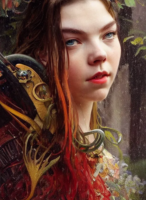 Image similar to a realistic detail portrait of a beautiful queen look like Anya taylor-joy in middle earth, raining, thunder, magic, dragon, oil painting by Alphonse mucha, Julian calle, wlop, greg rutkowski, Finnian MacManus, Syd mead Trending on artstation, red and yellow scheme, 8k, Unreal Engine