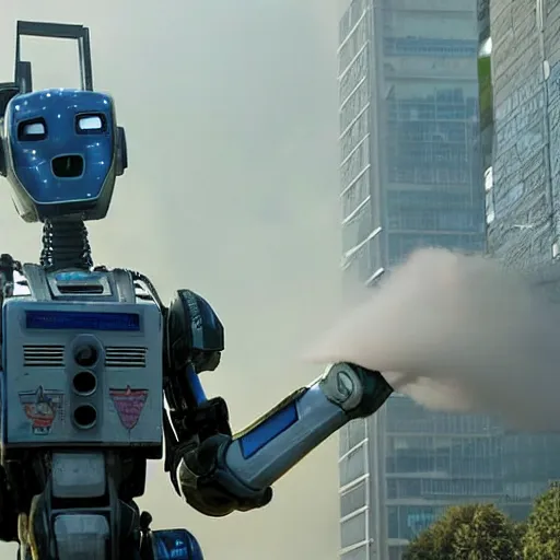 Prompt: chappie the robot making a vape smoke cloud, huge amount of vape, we get it you vape