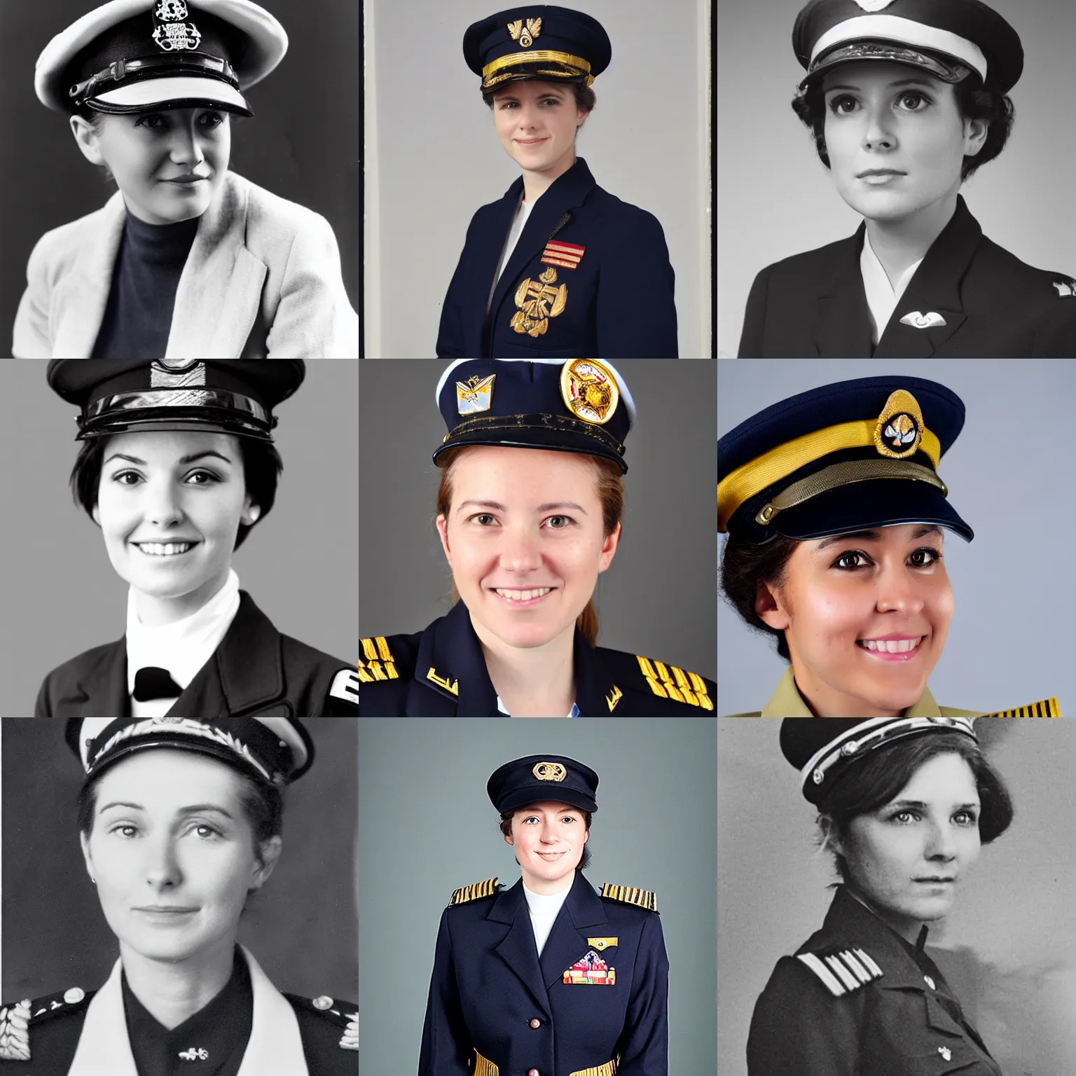 Prompt: A young woman Navy Admiral wearing a reefer jacket and peaked cap, photo portrait