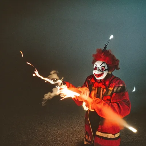 Image similar to photo of a clown using a flamethrower projecting a long flame. award-winning, highly-detailed