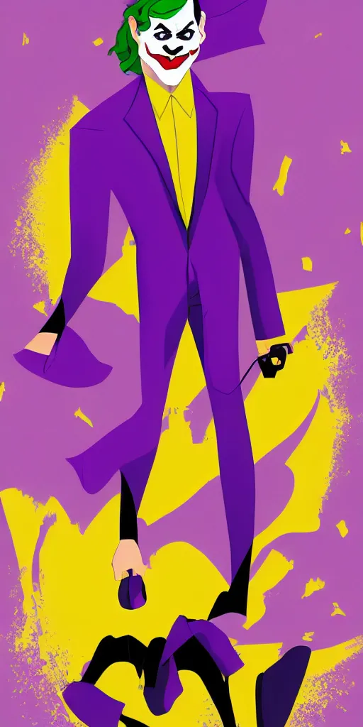 Image similar to joker wearing purple suit, yellow background, disney movie poster style, animation