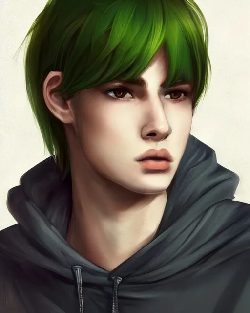 Image similar to face of a masculine young man with thin face lines, have long brown hair and green eyes, very beautiful portrait, low angle, realistic anime style and perfect art, trending on artstation, good and dramatic lighting