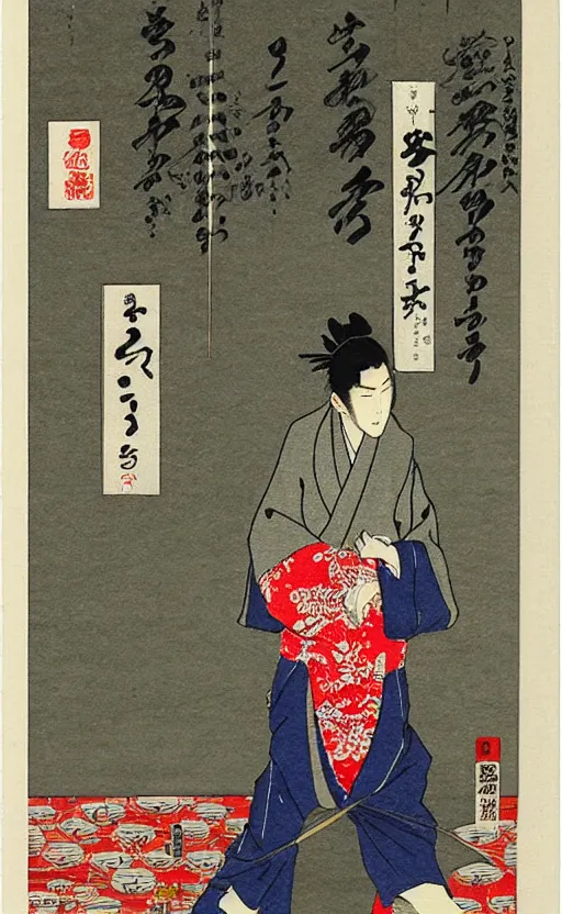 Prompt: by akio watanabe, manga art, male calligrapher running outside house door, kyoto, kimono, trading card front