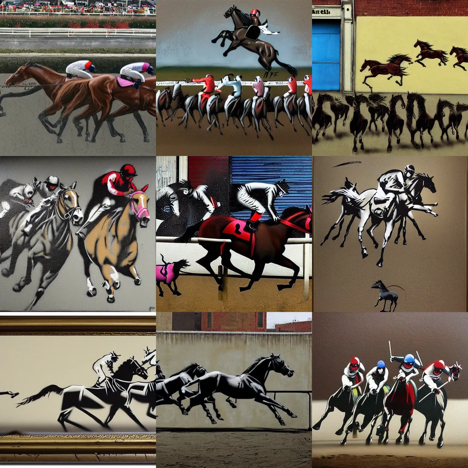 Prompt: horses racing, by banksy