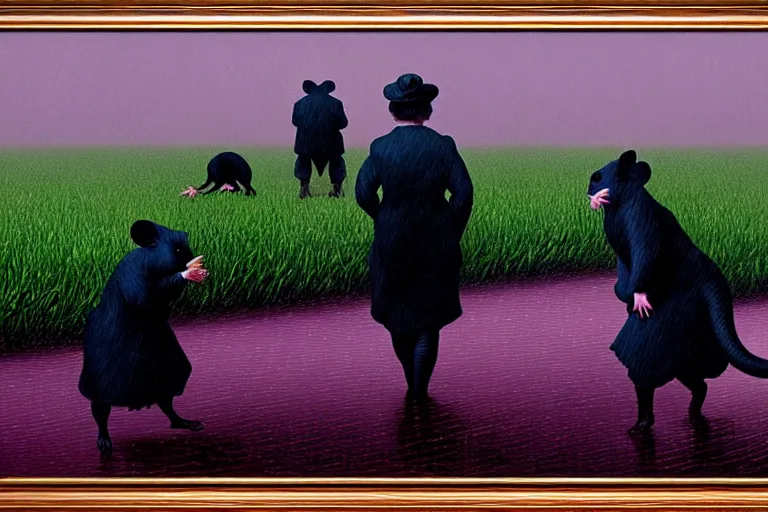 Image similar to a family of rats scurrying across a drenched field in a torrential rainstorm, in the style of rene magritte, intricate and epic composition, red by caravaggio, insanely quality, highly detailed, masterpiece, purple light, artstation, 4 k