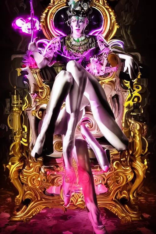 Image similar to full-body rococo and cyberpunk style neon statue of a seductive attractive Spanish android sin ropa reclining con las piernas abertas e la piroca e dotado, pecho peludo, ethereal white dripping tar, glowing orange lasers, pink tigers, glowing eyes, silver prince crown, black gears, pink diamonds, swirling mint-colored silk fabric. futuristic elements. full-length view. human skulls. large intricate artwork by caravaggio. Trending on artstation, octane render, cinematic lighting from the right, hyper realism, octane render, 8k, depth of field, 3D