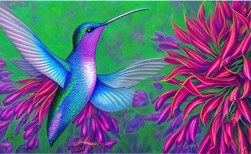 Prompt: a Photorealistic dramatic hyperrealistic humming bird by Alex Grey