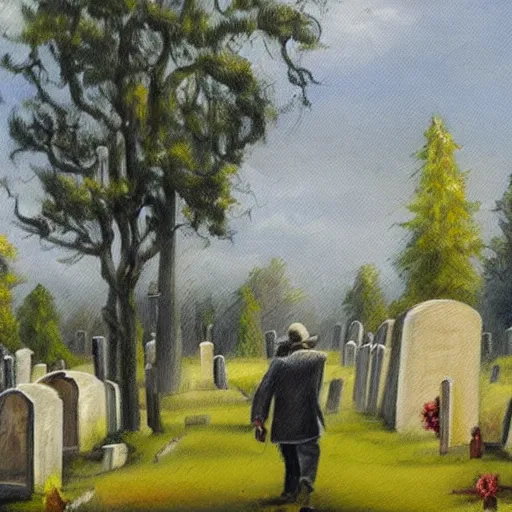 Prompt: a highly detailed painting of a man walking through a cemetery