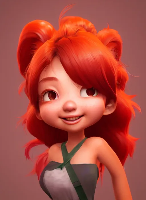 Image similar to a cute asian girl fox singing, flowing red hair in the style of pixar animation, mid-shot, award winning, hyper detailed, studio lighting, artstation, octane renderer, unreal engine